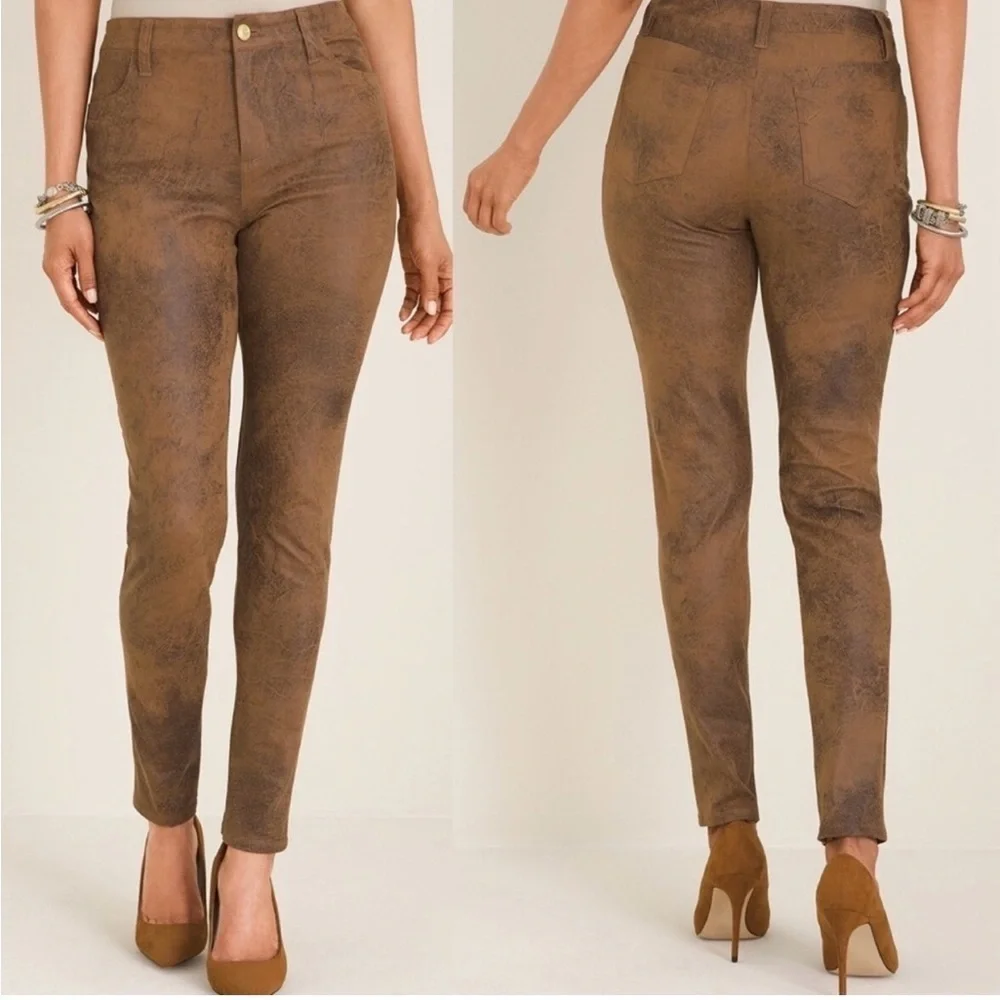 Chicos Sz 2 Regular ( US 12) Medium Md Brown Vegan Faux Suede Stretchy Slim Leg